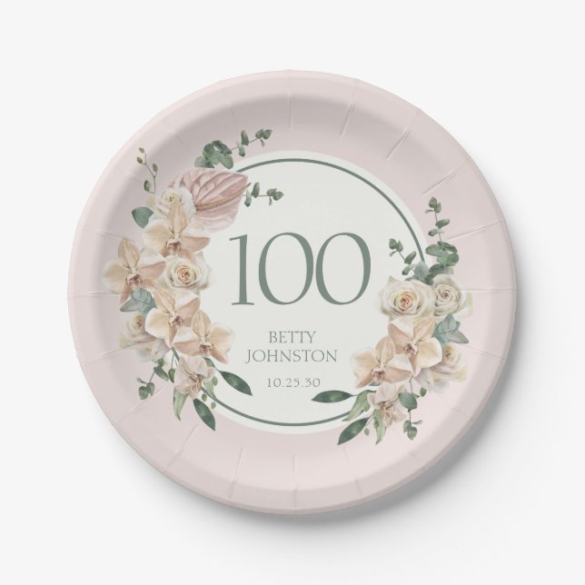 100th Birthday Tropical Floral Paper Plate (Front)