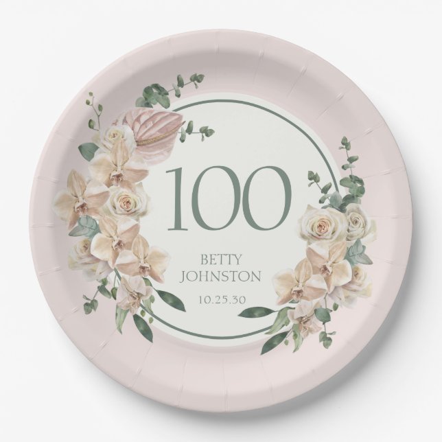 100th Birthday Tropical Floral Paper Plate (Front)