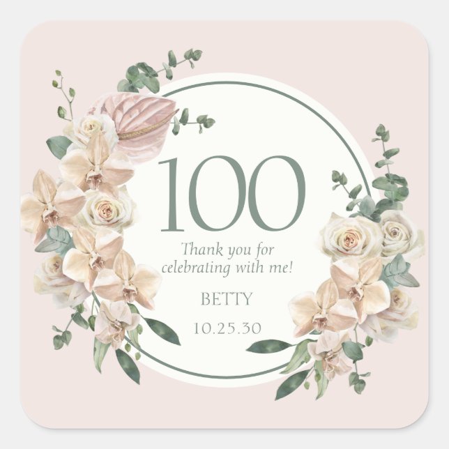 100th Birthday Tropical Floral Thank You Square Sticker (Front)