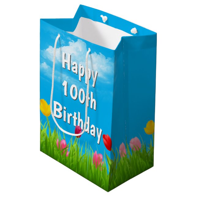 100th Birthday Tulips Medium Gift Bag (Front Angled)