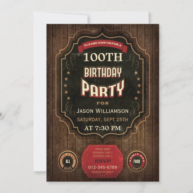 100th Birthday Vintage Chalkboard & Wood Invitation (Front)