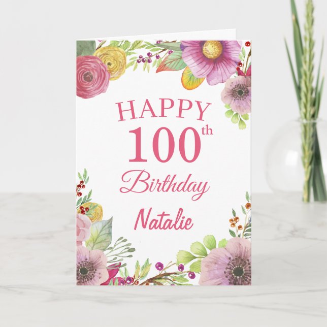 100th Birthday Watercolor Floral Flowers Pink Card (Front)