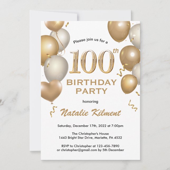 100th Birthday White and Gold Glitter Balloons Invitation (Front)