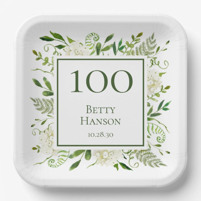 100th Birthday White Hydrangeas Paper Plate (Front)