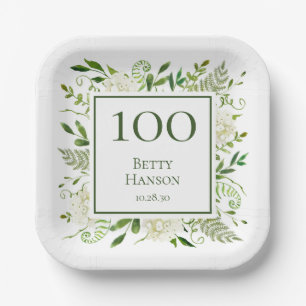 100th Birthday White Hydrangeas Paper Plate