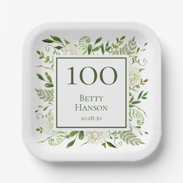 100th Birthday White Hydrangeas Paper Plate (Front)