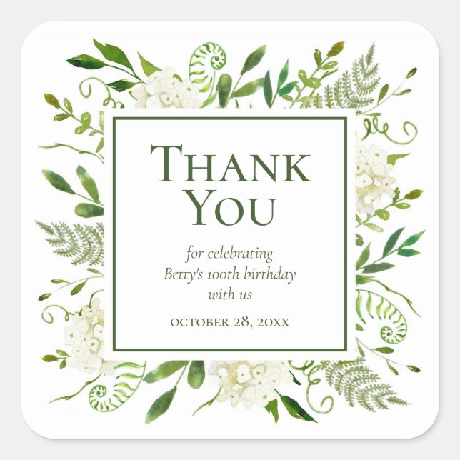 100th Birthday White Hydrangeas Thank You Square Sticker (Front)