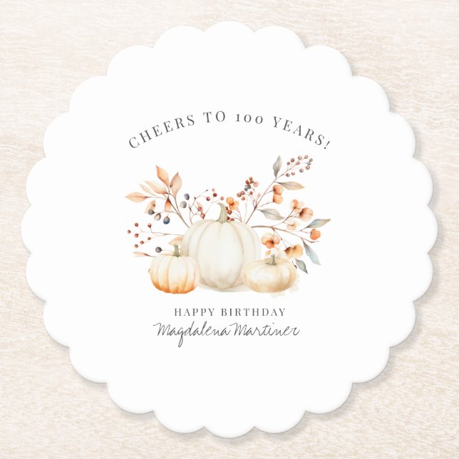 100th Birthday White Pumpkin Fall Leaves Custom Paper Coaster (Front)