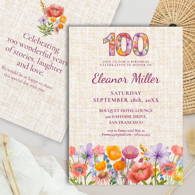  100th Birthday Wildflowers - Floral Number Invitation (Creator Uploaded)