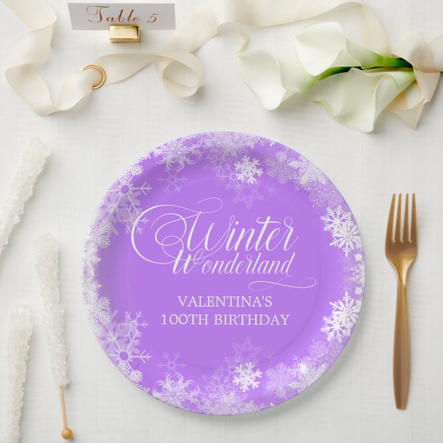 100th Birthday Winter Wonderland Snowflake Purple Paper Plate (Wedding)