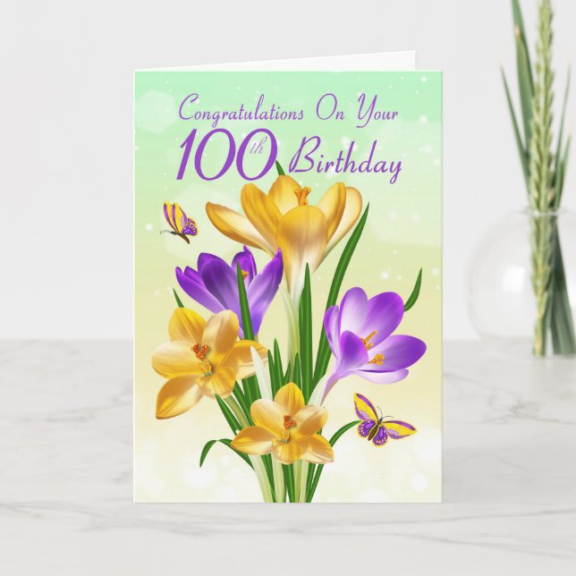 100th Birthday Yellow And Purple Crocus Card (Front)