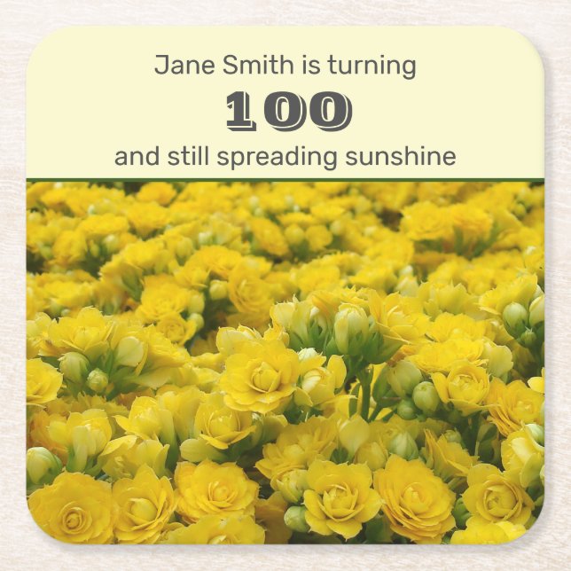 100th Birthday Yellow Floral Milestone Party Square Paper Coaster (Front)