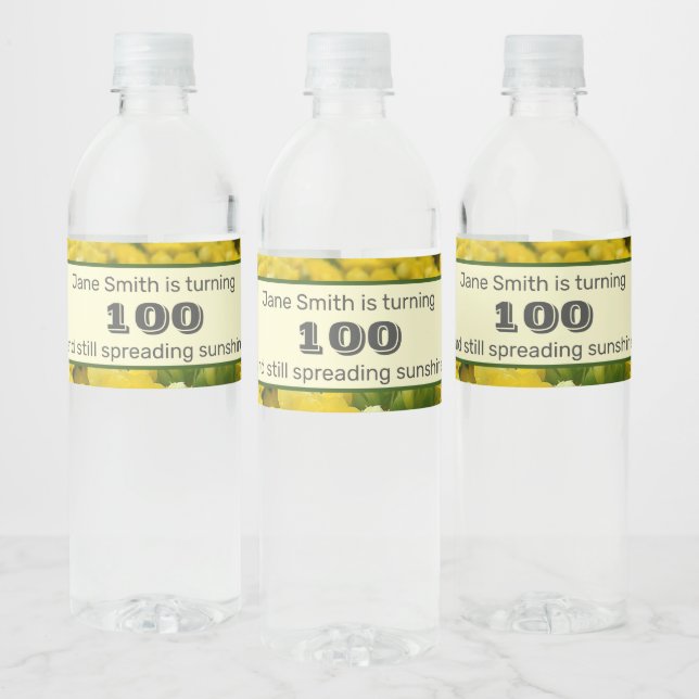 100th Birthday Yellow Flower Photo Milestone Water Bottle Label (Bottles)