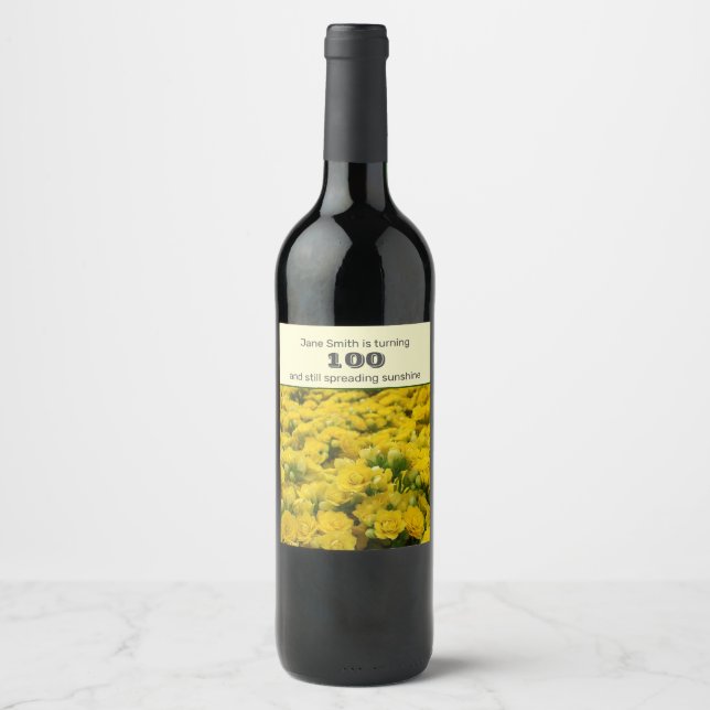 100th Birthday Yellow Flower Photo Milestone Wine Label (Front)