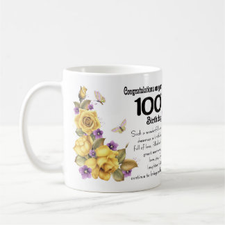 100th Birthday Yellow Rose And Butterfly Gift Mug, Coffee Mug