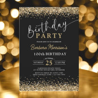 100th Black Gold Glitter Birthday Any Age