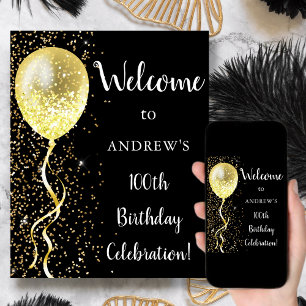 100th   Black & Gold Glitter Birthday Welcome Poster