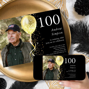 100th   Black & Gold Glitter Photo Birthday  Invitation