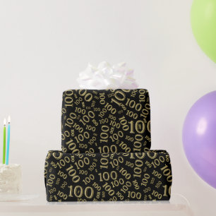 100th Black/Gold Random Number Pattern Medium Wrapping Paper