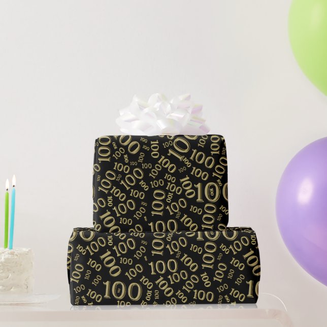 100th Black/Gold Random Number Pattern Medium Wrapping Paper (Party Gifts)