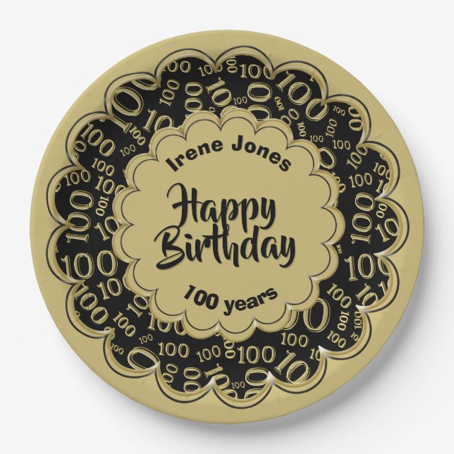 100th Black/Gold Random Number Pattern Paper Plate (Front)