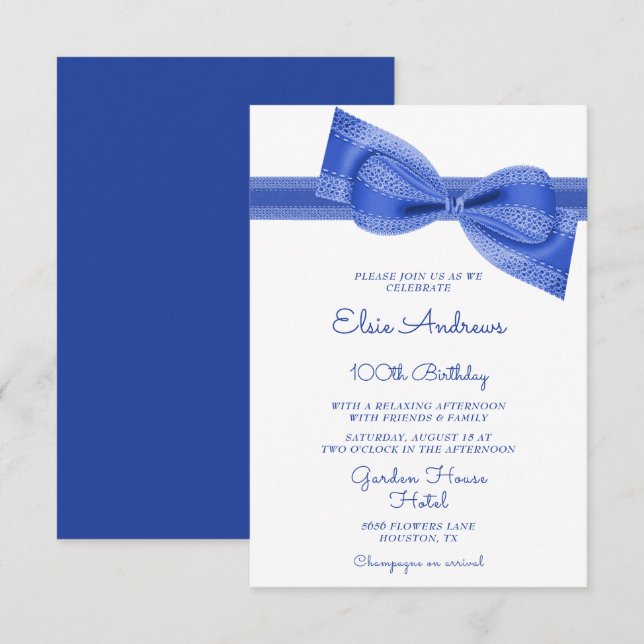 100th Centenarian Blue Bow & Ribbon Birthday Invitation (Front/Back)