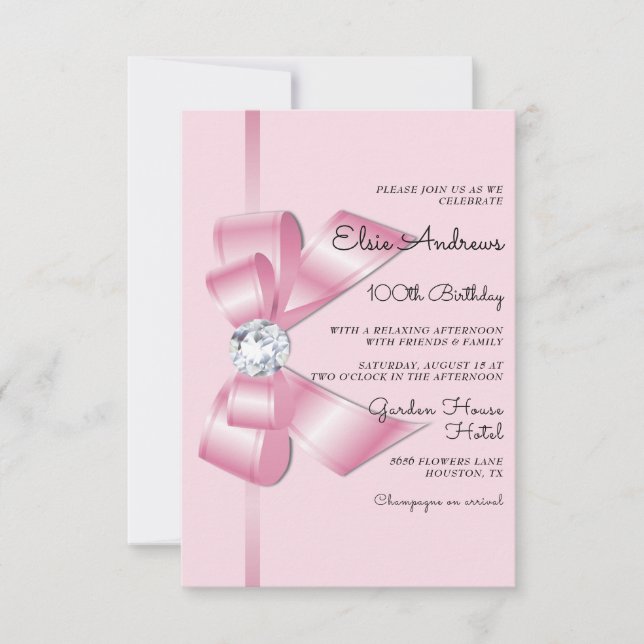 100th Centenarian Jewel Bow & Ribbon Birthday Invitation (Front)