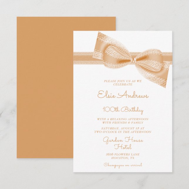 100th Centenarian Peach Bow & Ribbon Birthday Invitation (Front/Back)