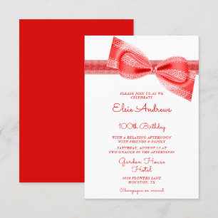 100th Centenarian Red Bow & Ribbon Birthday Invitation