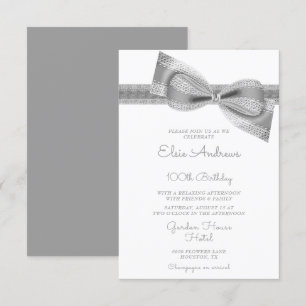 100th Centenarian Silver Bow & Ribbon Birthday Invitation