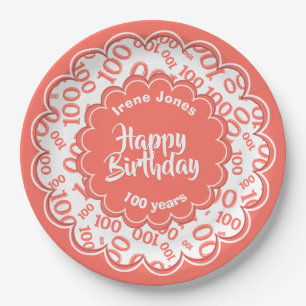 100th Coral/White Random Number Pattern Paper Plate