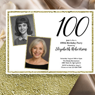 100th Custom Photo White and Gold  Invitation