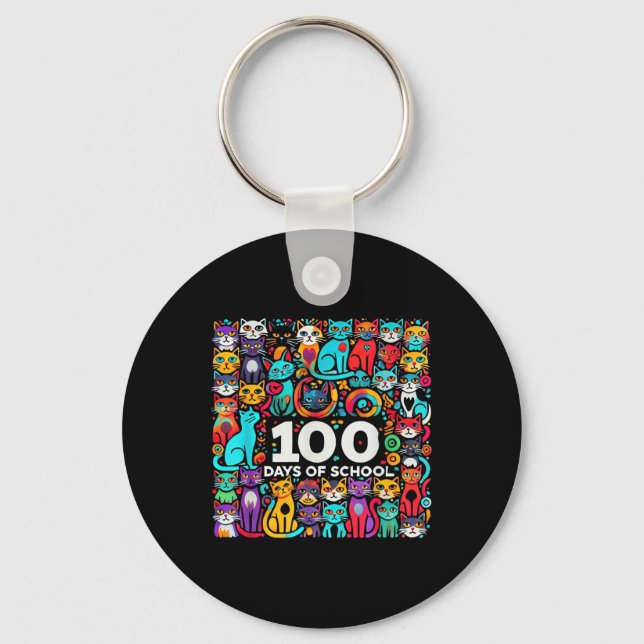100th Day Cat Easy 100 Days Of School Tee Teacher  Key Ring (Front)
