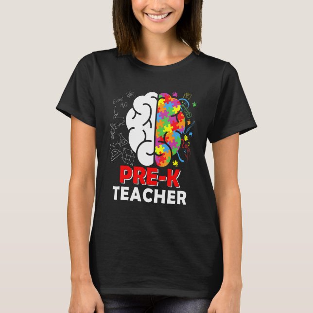 100th Day Of Pre K  100 Days Of Brain Autism Aware T-Shirt (Front)