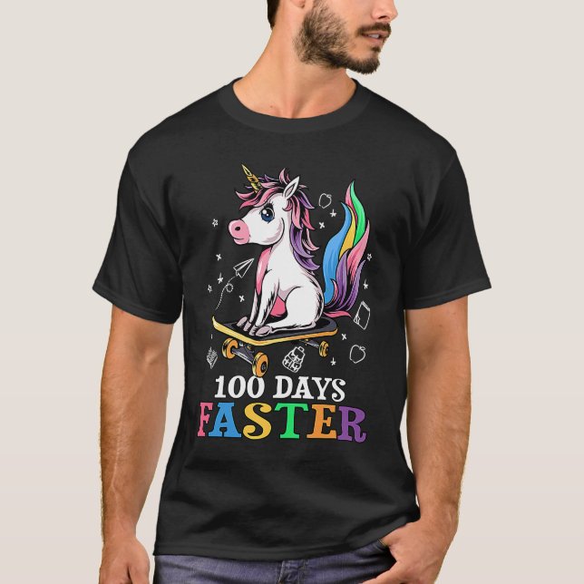 100th Day of School 100 Days Faster Unicorn Skateb T-Shirt (Front)