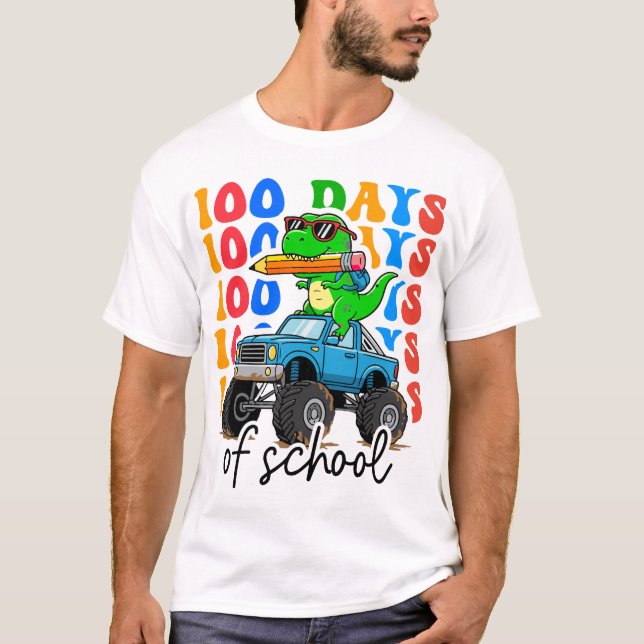 100th Day of School Monster Truck Dinosaur Fun T-Shirt (Front)