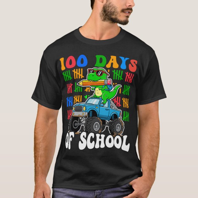 100th Day of School Monster Truck Dinosaur Fun T-Shirt (Front)