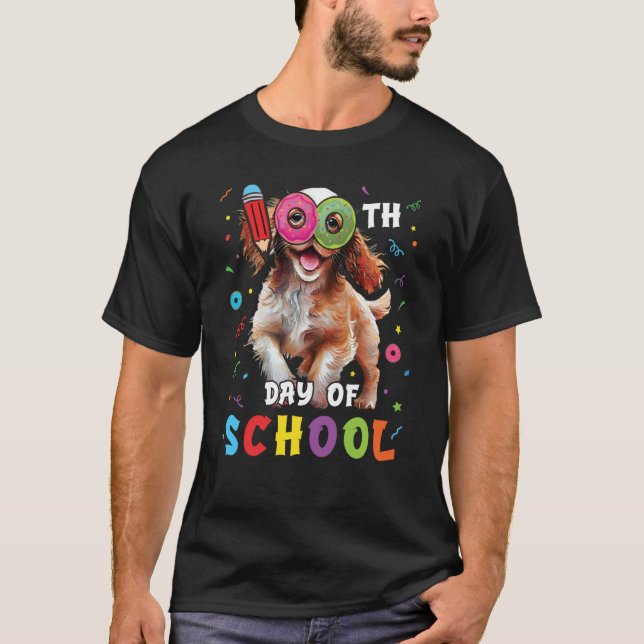 100th Day Of School Spaniel Dog Donut 100 Days Stu T-Shirt (Front)