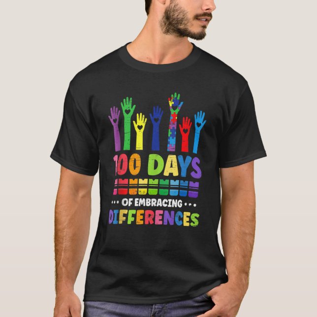 100th Day Of School Teacher 100 Days Autism Awaren T-Shirt (Front)