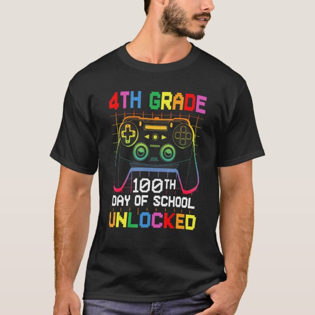 100th day Of School Unlocked 4th Grade Gamer Video T-Shirt (Front)