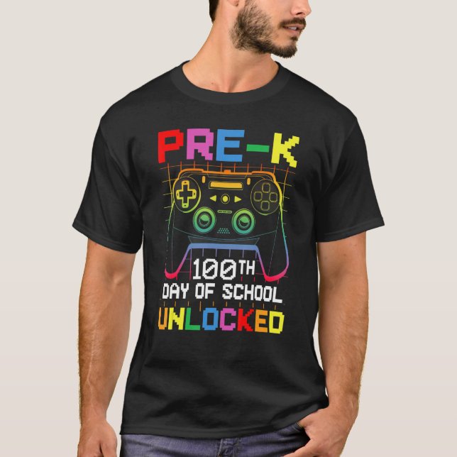 100th day Of School Unlocked Pre-K Gamer Video Gam T-Shirt (Front)