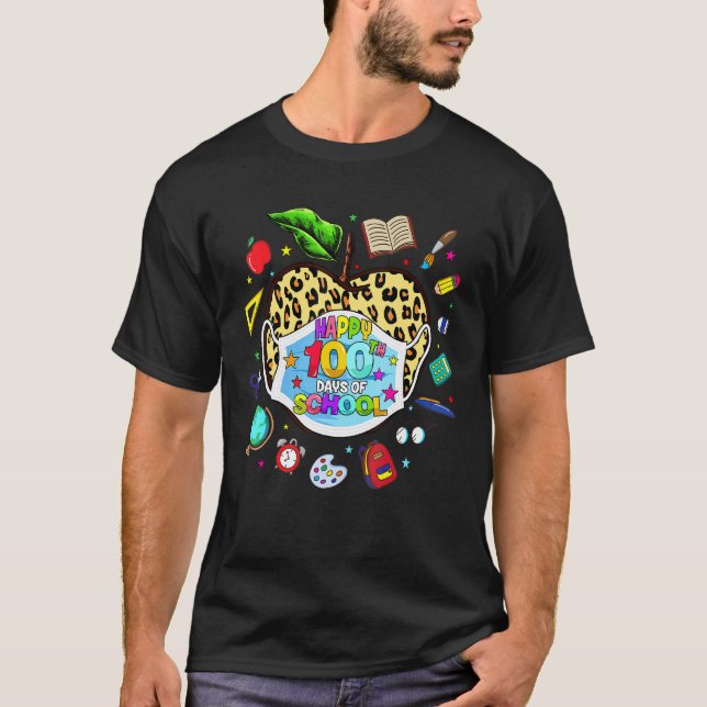 100th Day Of School Virtual Apple Leopard Mask Tea T-Shirt (Front)