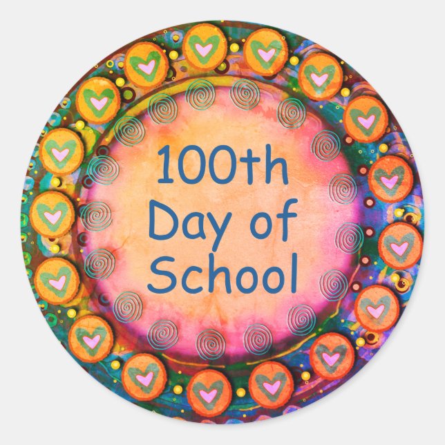 100th Day of School Yellow Hearts Teacher  Classic Round Sticker (Front)