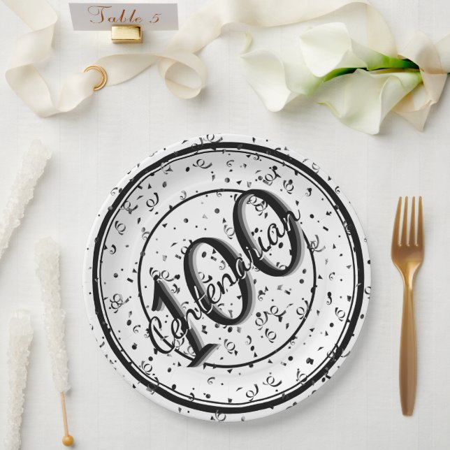 100th Elegant Centenarian Party Black/White Paper Plate (Wedding)