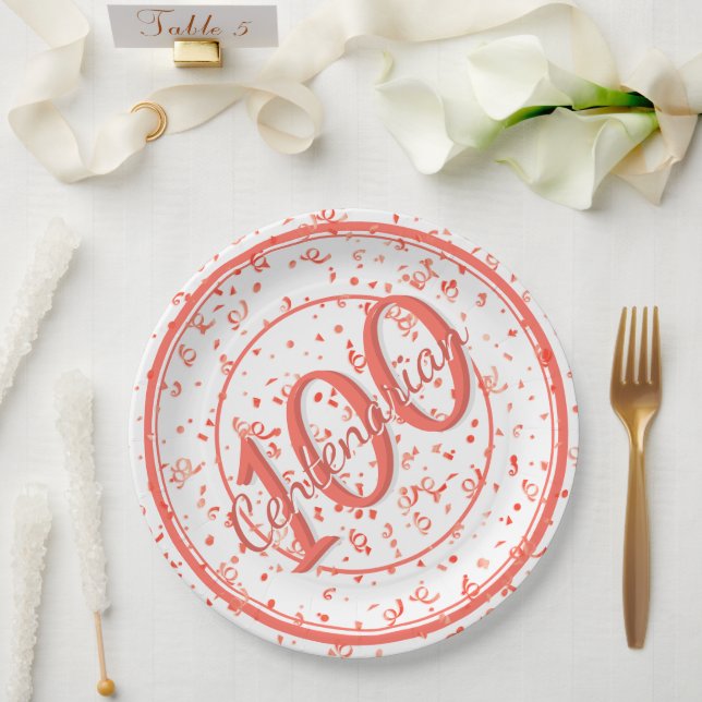 100th Elegant Centenarian Party Coral/White Paper Plate (Wedding)
