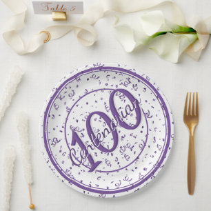 100th Elegant Centenarian Party Purple/White Paper Plate