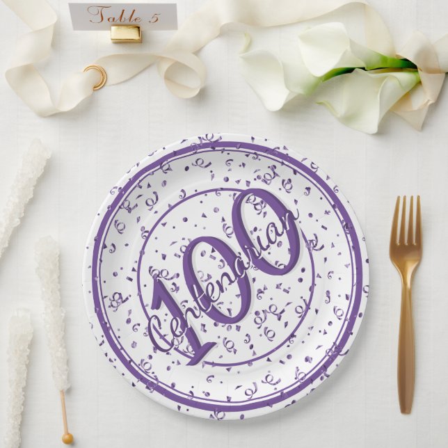 100th Elegant Centenarian Party Purple/White Paper Plate (Wedding)