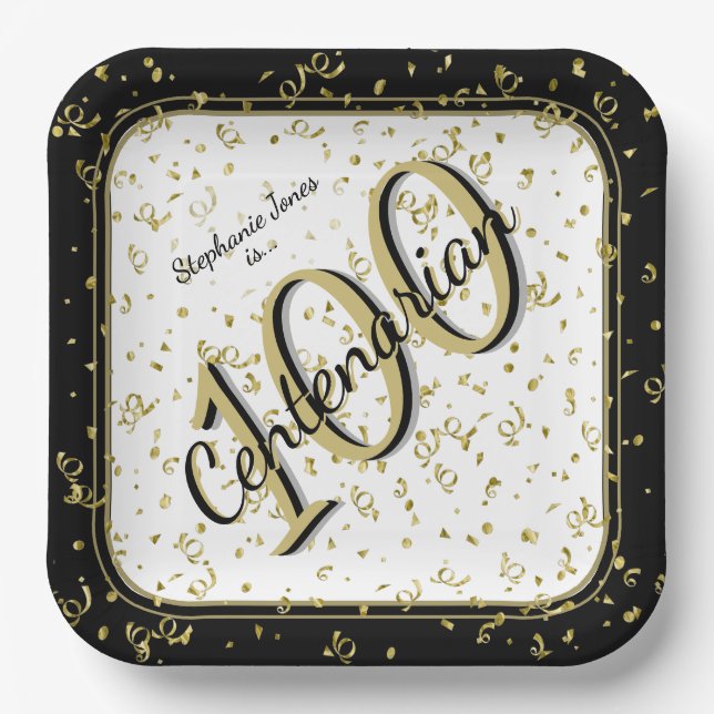 100th Elegant Party Centenarian Black/Gold Paper Plate (Front)