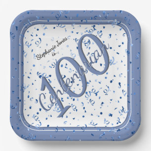 100th Elegant Party Centenarian Blue/White Paper Plate
