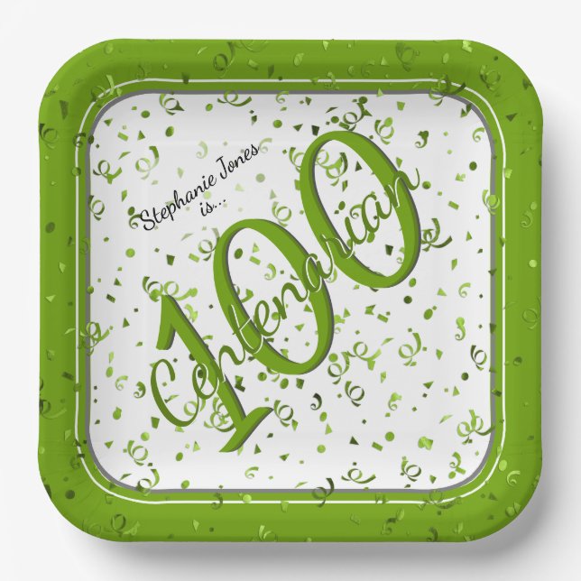 100th Elegant Party Centenarian Green/White Paper Plate (Front)